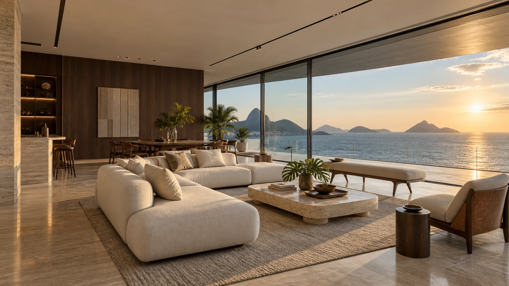 Cobertura com living em travertino e madeira e janelas abertas para o oceano