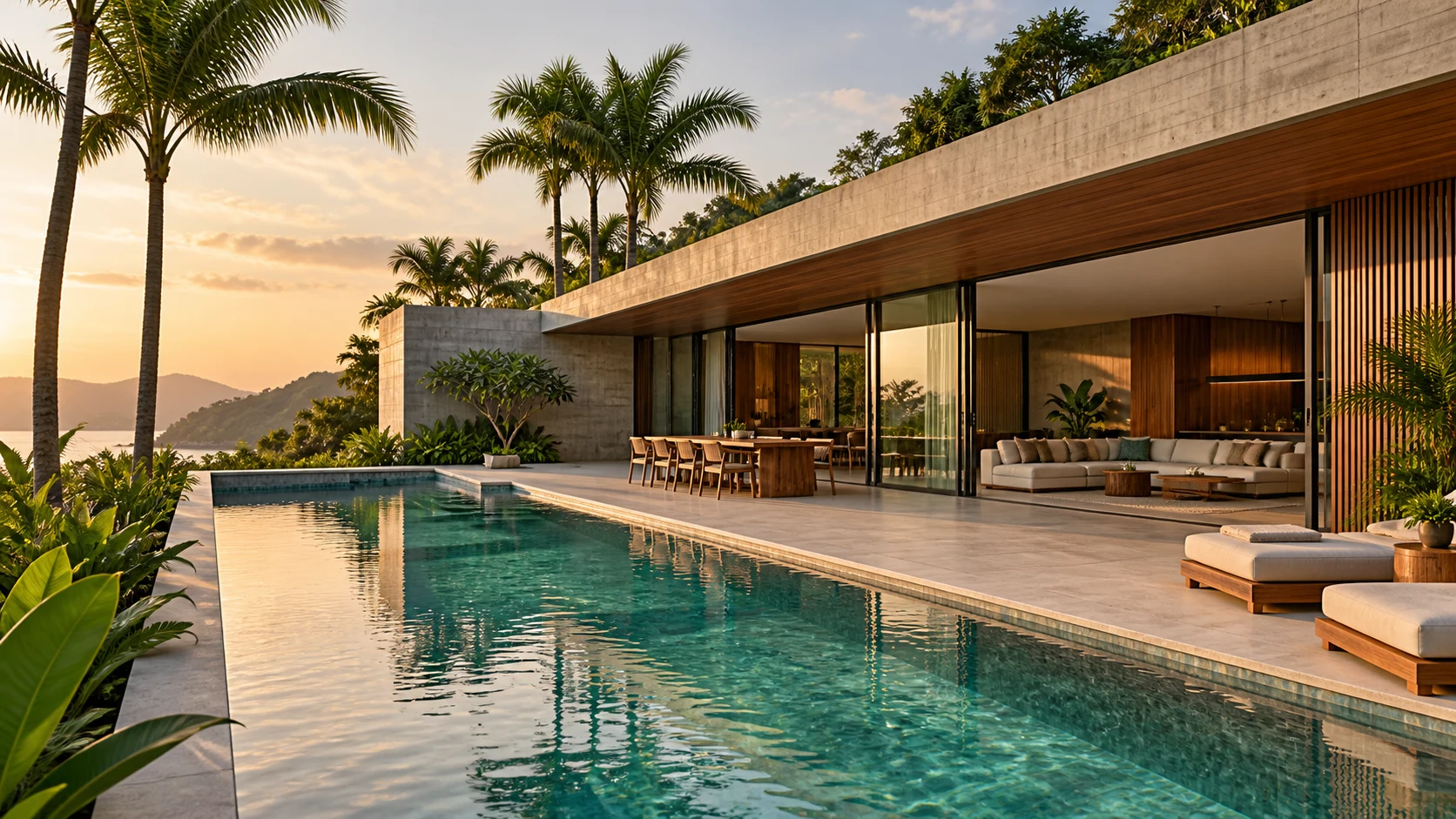 Casa contemporânea de concreto e madeira com piscina e jardim tropical